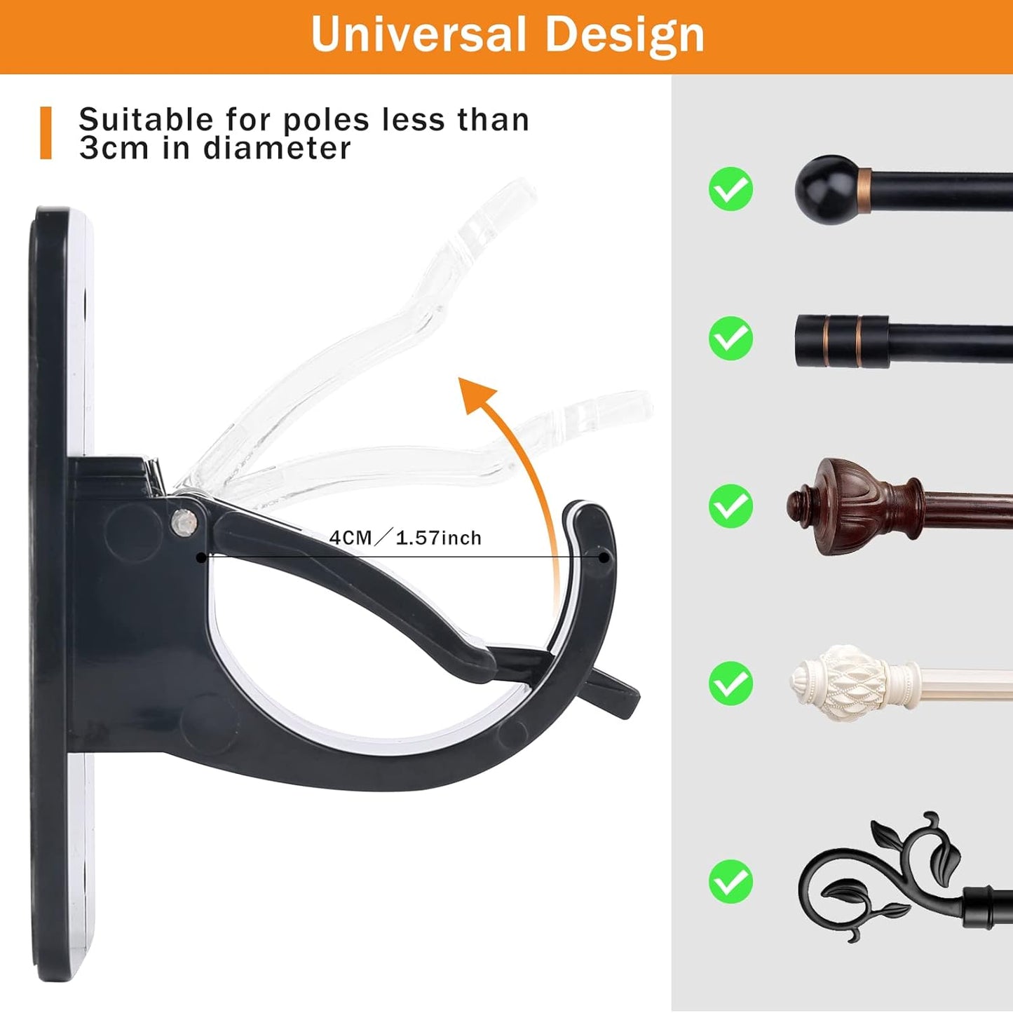 Self-Adhesive Curtain Rod Clips, Universal Plastic Curtain Rod Clips, No Drilling